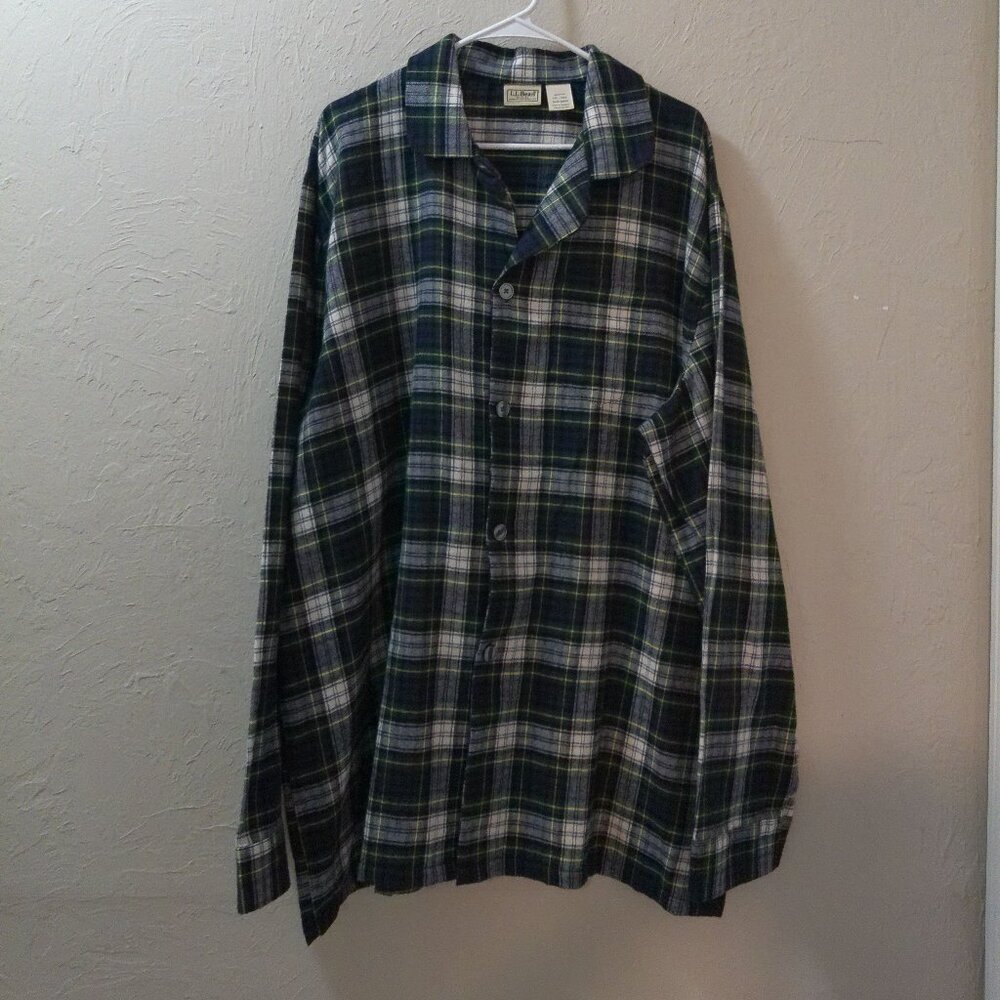 L.L. Bean Men’s XXL Tall Plaid Flannel Shirt Green Blue Button Front